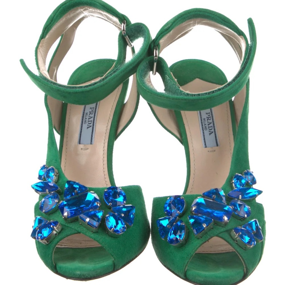 PRADA Green Suede Jeweled Platform Heel w/Strap.